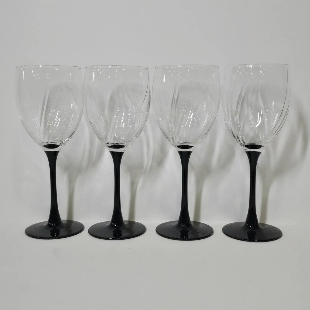 Vintage Cristal d'Arques Durand Astra Goblets Set 4 Black Stem Optic Swirl